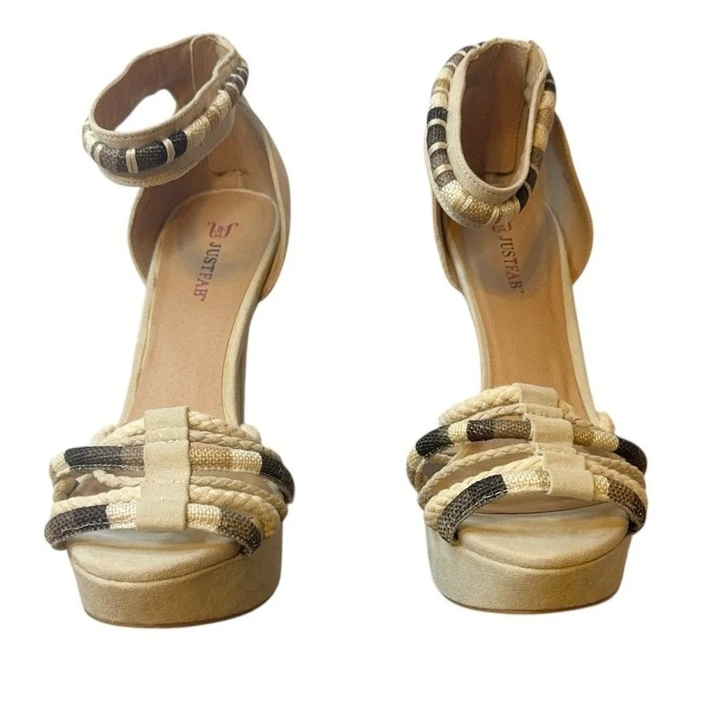 LIKE NEW IN BOX JustFab‎ Size 10 Woven Rope Ankle Strap Platform Stiletto Heels
